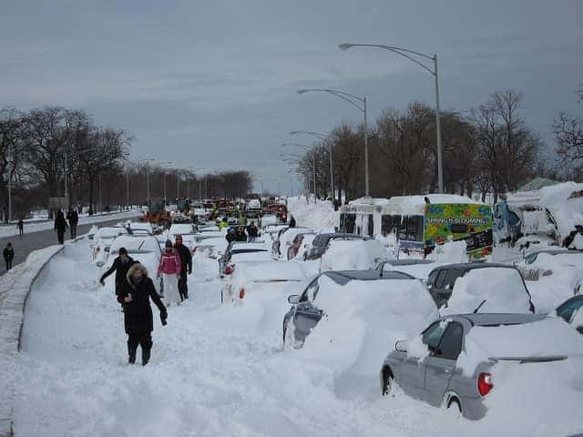 stranded cars during blizzard