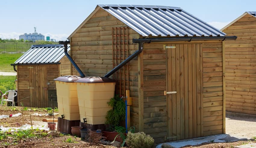 shed with rainwater barrels