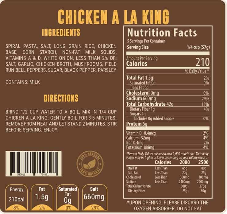 Valley Food Storage Nutrition Label