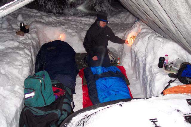 camping in snow shelter