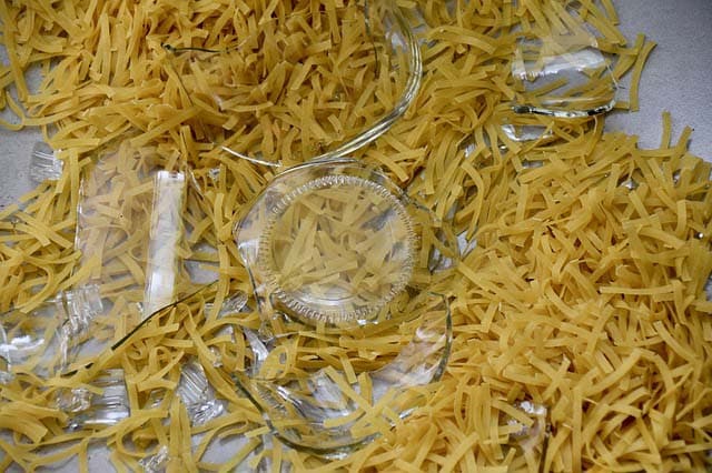 pasta in broken glass jar