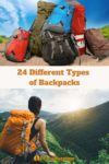 Colection of backpacks and woman hiking with a backpack