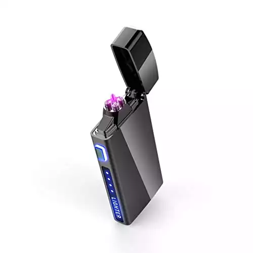 Dual Arc Plasma Lighter with LED Battery Indicator and Gift Box, Rechargeable Windproof Flameless Electric Lighters for Fire Outdoors Camping Hiking Friends