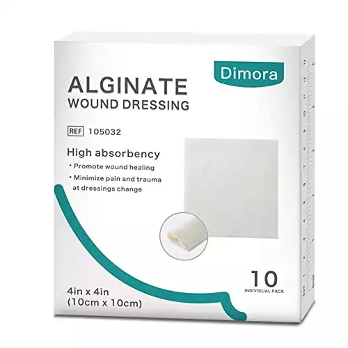 Dimora Calcium Alginate Wound Dressing, 4'' x 4'' Patches,10 Individual Sterile Pads, Soft and Highly Absorbent Dressing Gauze, Non-Stick Padding