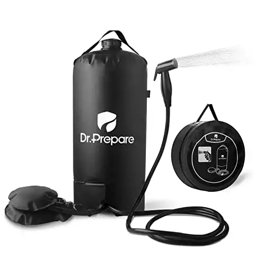 Dr. Prepare Camping Shower, 4 Gallons/15L Portable Camp Shower Bag with Upgraded Screw Lid, Water Level Window, Pressure Foot Pump, and Handy Nozzle, Solar Shower for Beach Camping Hiking Trip