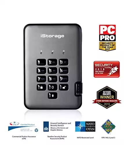 iStorage diskAshur PRO2 HDD 1TB Secure portable hard drive FIPS Level 2 certified - password protected, dust and water resistant, portable, military grade hardware encryption. IS-DAP2-256-1000-C-G