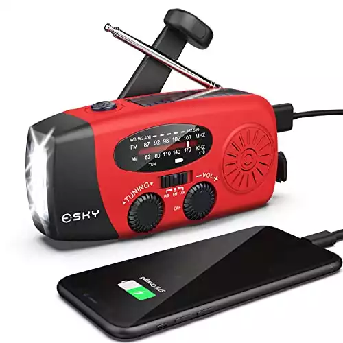 Hand Crank Radio with Flashlight for Emergency, Esky Portable Solar Radios, Self Powered AM/FM NOAA Weather Radio with 1000mAh Power Bank Cell Phone Charger, USB Rechargeable, Great Emergency Supplies