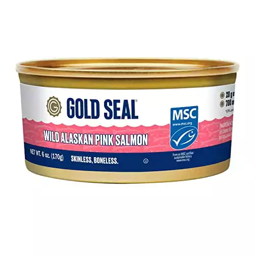 Gold Seal Wild Alaska Pink Salmon – Skinless Boneless - 6oz (170g) - 6 Count – 700mg Omega 3 per Serving (EPA and DHA Omega-3) - 20g of Protein per Serving - Cooked just once – Ready to Serve