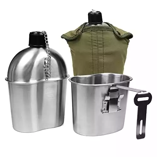 Goetland Stainless Steel WWII US Military Canteen Kit 1QT with 0.5QT Cup Nylon Cover G.I.