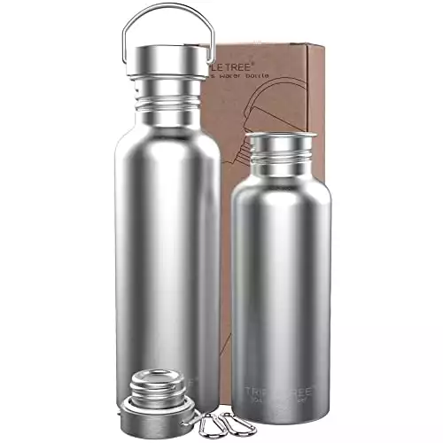 TRIPLE TREE 34 OZ Uninsulated Single Walled Stainless Steel Sports Water Bottle 18/8 Food Grade for Cyclists, Runners, Hikers, Beach Goers, Picnics, Camping - BPA Free