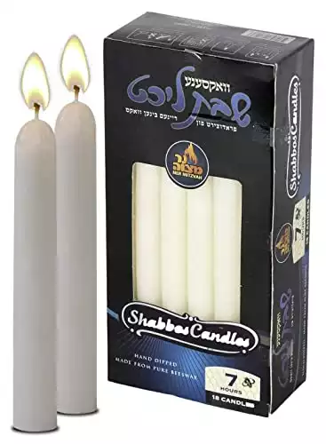 Ner Mitzvah White Beeswax Shabbat Candles - Hand Dipped, Unbleached Traditional Shabbos Candles - 18 Pack - 7 Hour Burn Time