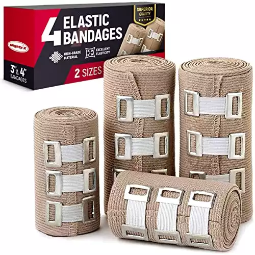 Premium Elastic Bandage Wrap - 4 Pack + 12 Extra Clips - Durable Compression Bandage (2X - 3 inch, 2X - 4 inch Rolls) Stretches up to 15ft in Length