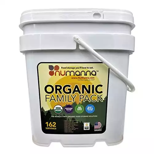 NuManna USDA ORGANIC Family Pack 162 Servings, Emergency Survival Food Storage Kit, Separate Rations, in a Bucket, Meals Included Have 25 Year Shelf Life, GMO-Free (Single)