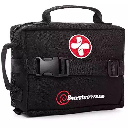 Surviveware Survival First Aid Kit for Outdoor Preparedness - Comes with Removable MOLLE Compatible System and Labeled Compartments - Backpacking, Hiking & Outdoors Preparedness