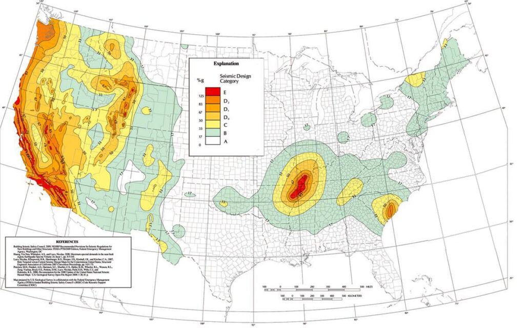 Map of earthquake risk areas in United States