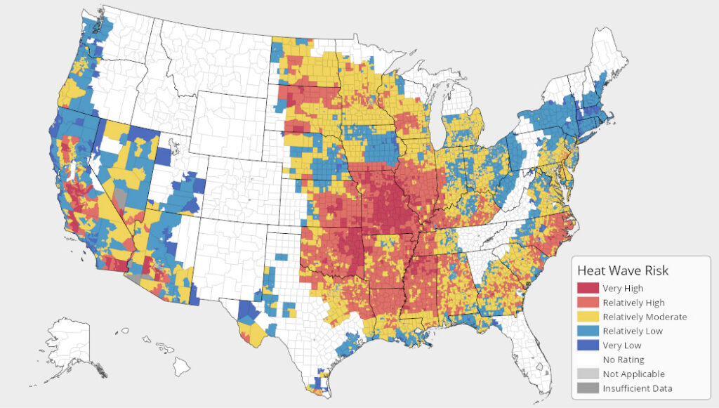 Map of heat wave risk in the United States