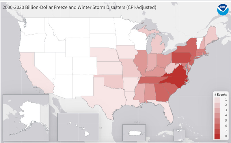 Billion dollar winter storm and freeze natural disasters in the United States