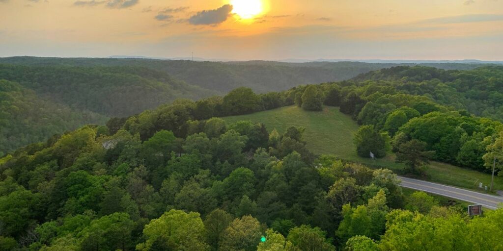 Colorful sunset in Eureka Springs, Arkansas from a lookout tower