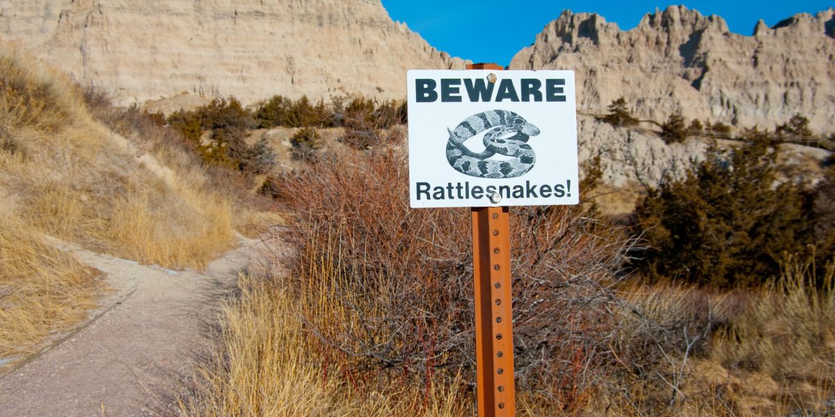 Beware of Rattlesnakes Sign: Hikers are warned of rattlesnakes in a portion of Badlands National Park.